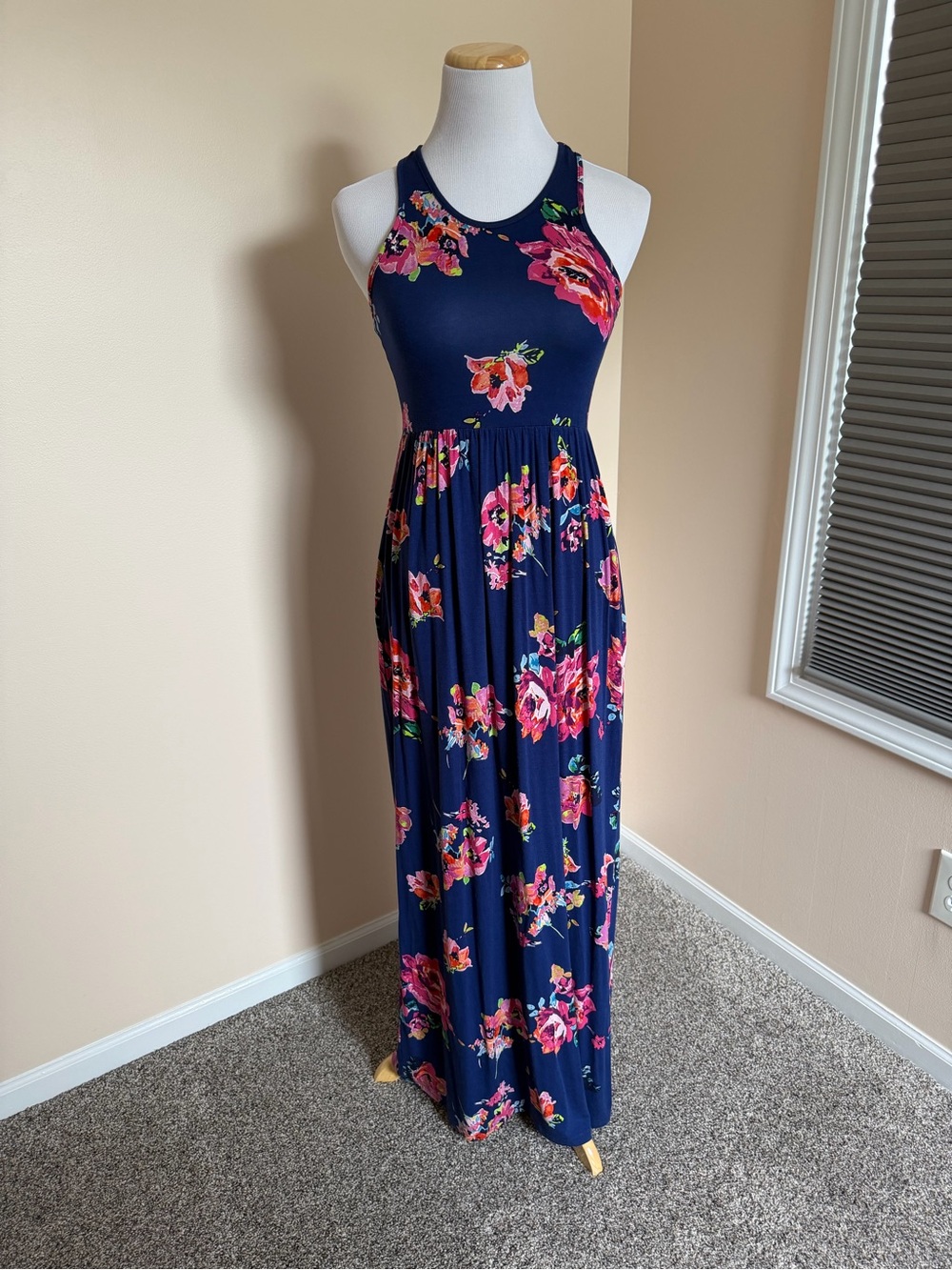 Floral Racerback Navy Maxi Dress with Pink Blooms